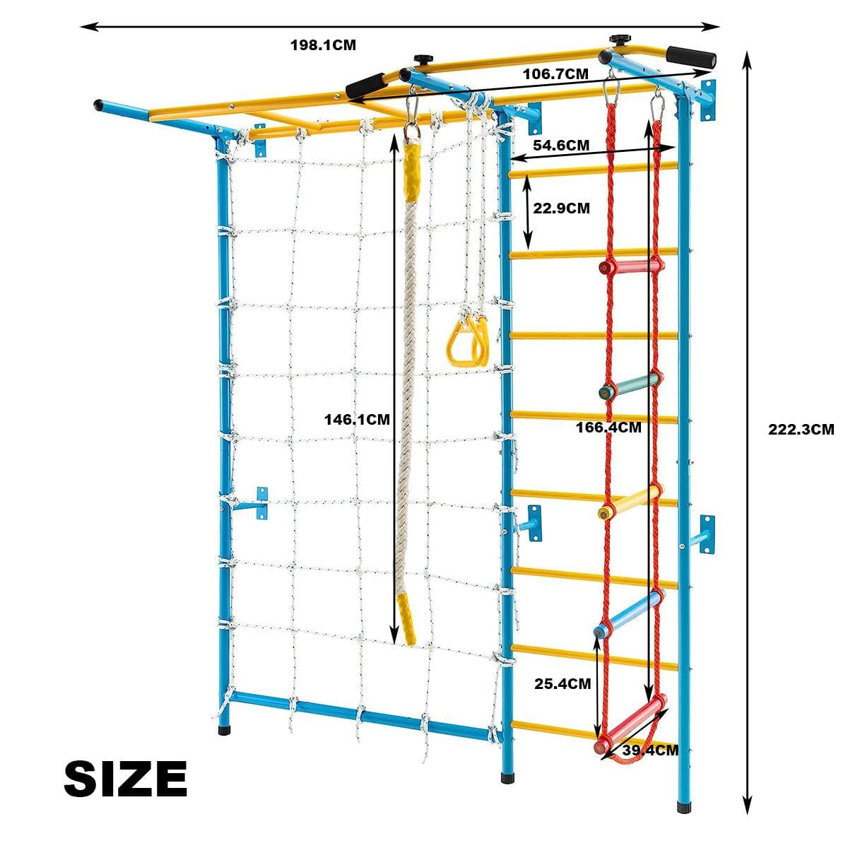 7 In 1 Climbing Wall for Kids, Indoor Kids Gym Playset for Exercise, Steel Ladder Wall Set with Wall Ladder, Pull-up Bar, Climbing Rope and Gymnastic Rings, Climber Ladder