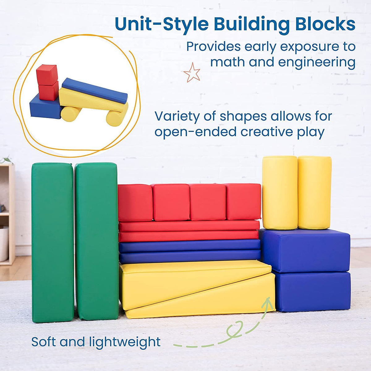 YOZZI Large Soft Builder Blocks, Unit-Style, Assorted, 16-Piece