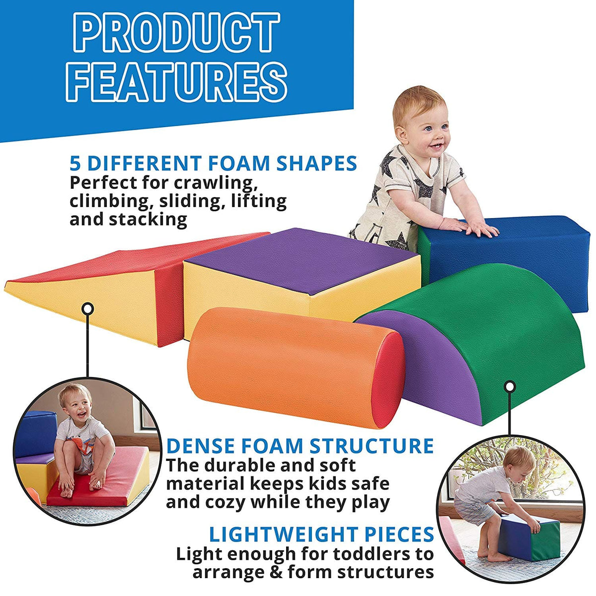 YOZZI Large Soft Foam Block Indoor Climb Crawl and Slide Safe Foam Play Set - 5 Piece