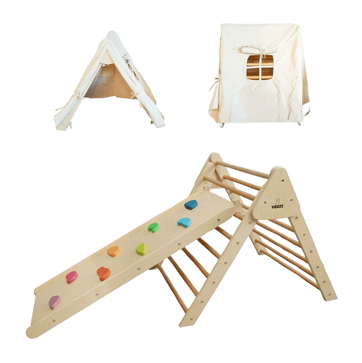 Pikler Foldable Climbing Triangle with Tent and Reversible Ramp