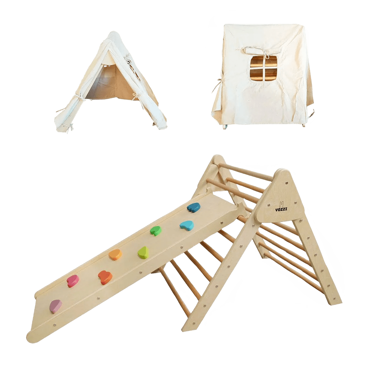 Pikler Foldable Climbing Triangle with Tent and Reversible Ramp